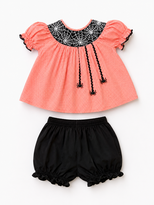 Hand Smocked Spooky Spider Bloomer Set